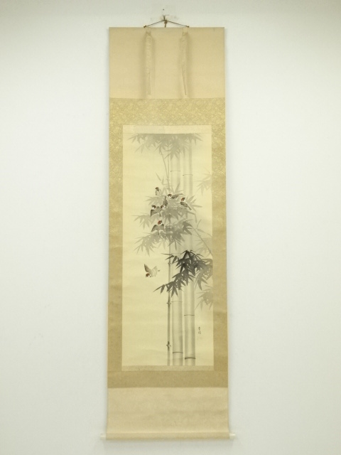 JAPANESE HANGING SCROLL / HAND PAINTED / BAMBOO WITH SPARROW
